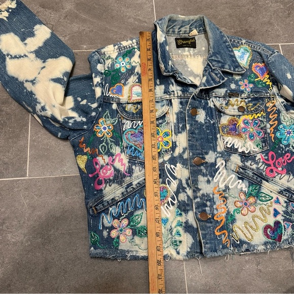 Wrangler denim jacket reworked painted bleached western cropped cut off jean - Picture 3 of 13